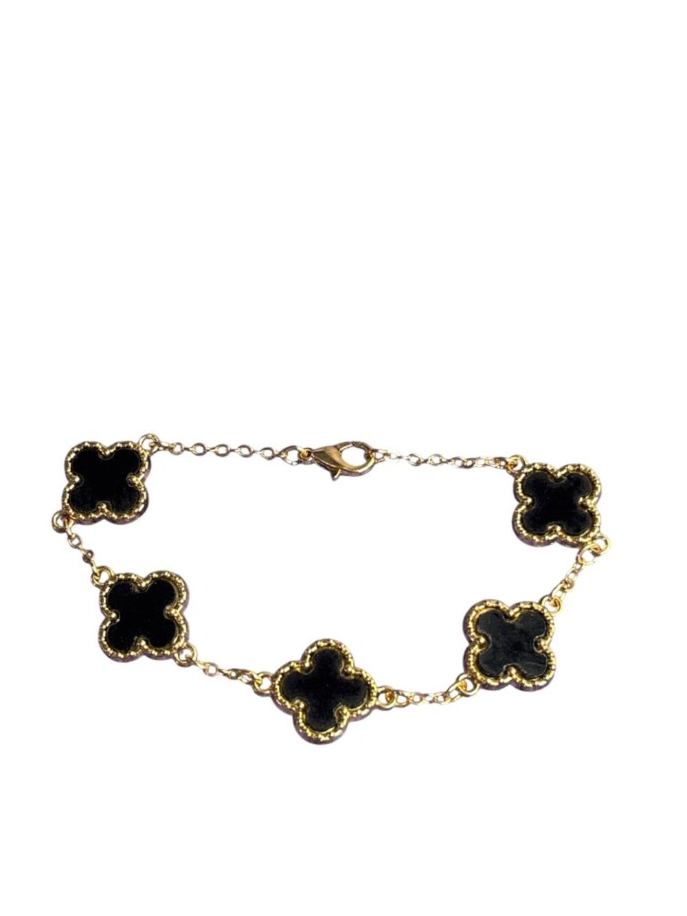 Black Goldtone Clover Bracelet Lobster Clasp 6.75 inches